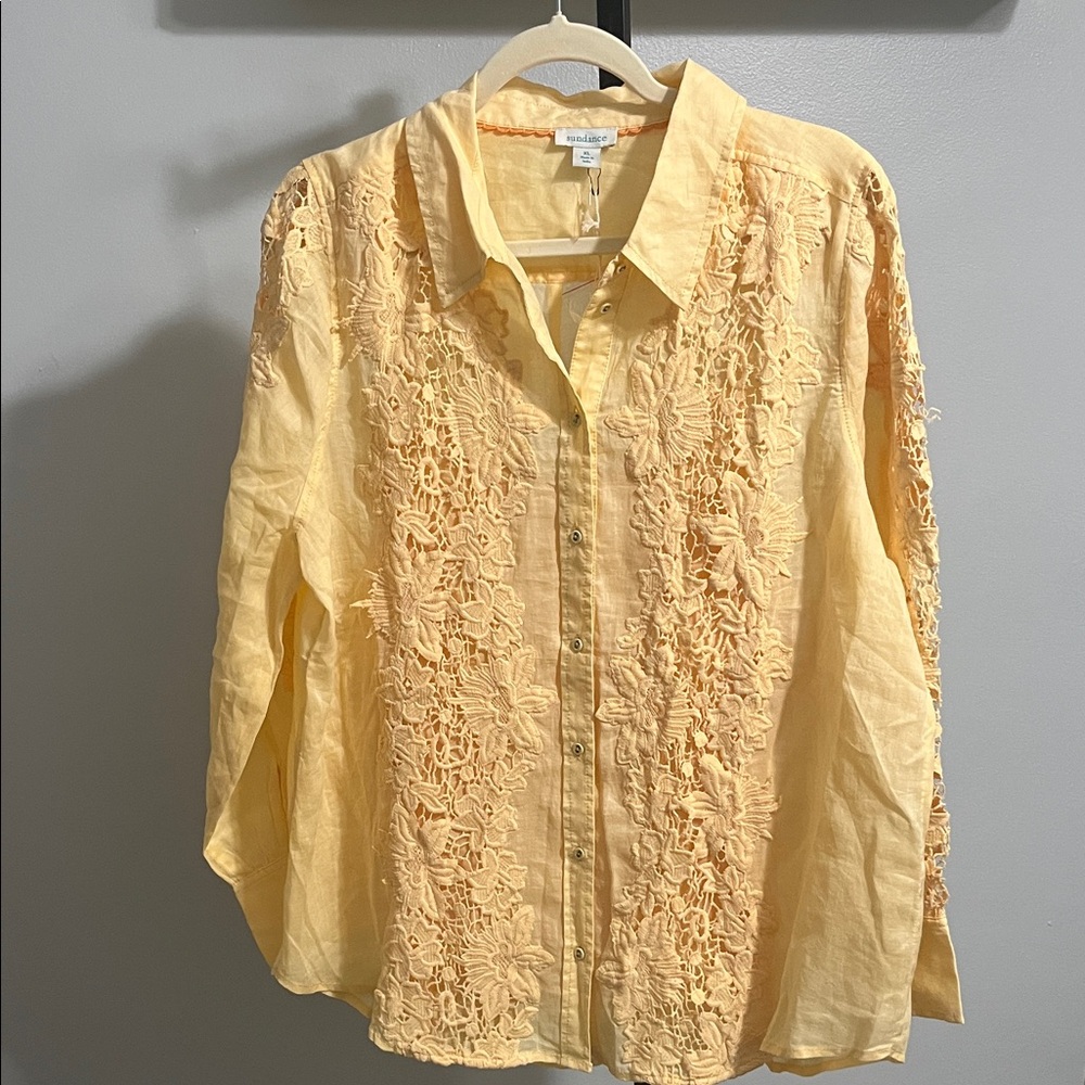 NWT Sundance Yellow Lace EMBROIDERY Front Button-Down Shirt with Camisole